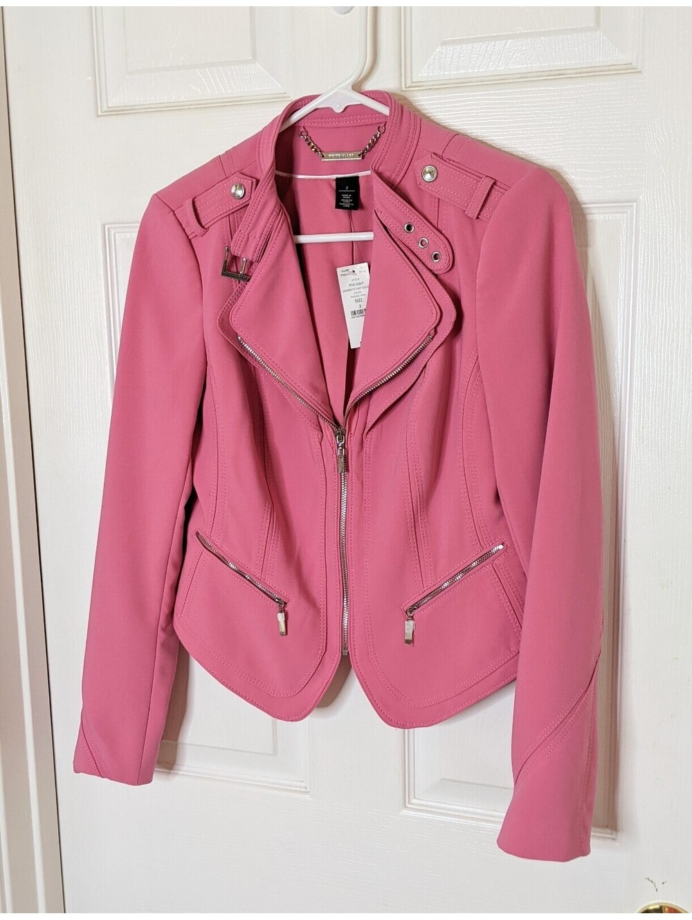 White House Black Market Pink Moto Jacket Silver Zippers Lined Fitted Size 2 NWT